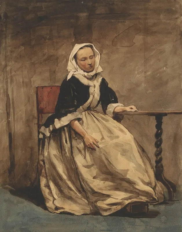 Zittende Vrouw Naast Een Kleine Tafel