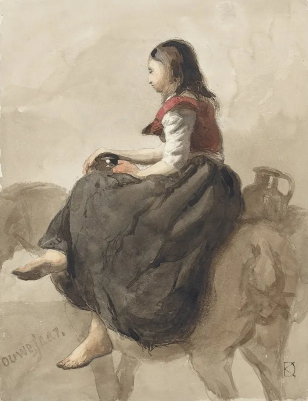 Zittende Vrouw Op Een Paard Met Twee Kannen Wall Art by Johan Daniël Koelman - High-Resolution Digital Print