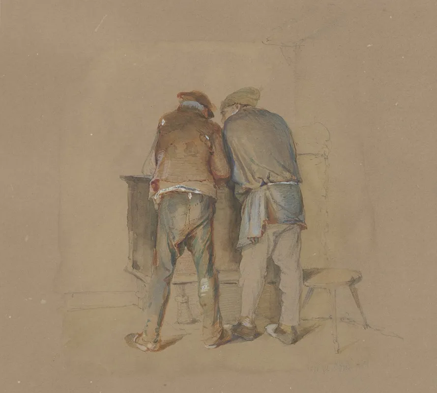 Zwei Bauern In Ruckansicht Sich Am Ofen Warmend Wall Art by Carl Engel - High-Resolution Digital Print