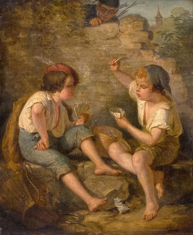 Zwei Buben Beim Kartenspiel Beobachtet Von Einem Lehrer Hinter Der Steinmauer Wall Art by Jacques Alfred van Muyden - High-Resolution Digital Print