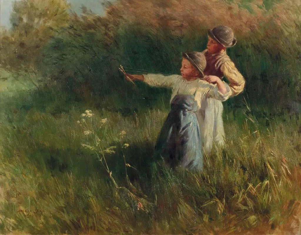 Zwei Buben Mit Steinschleuder Auf Der Sommerwiese Wall Art by Géza Peske - High-Resolution Digital Print