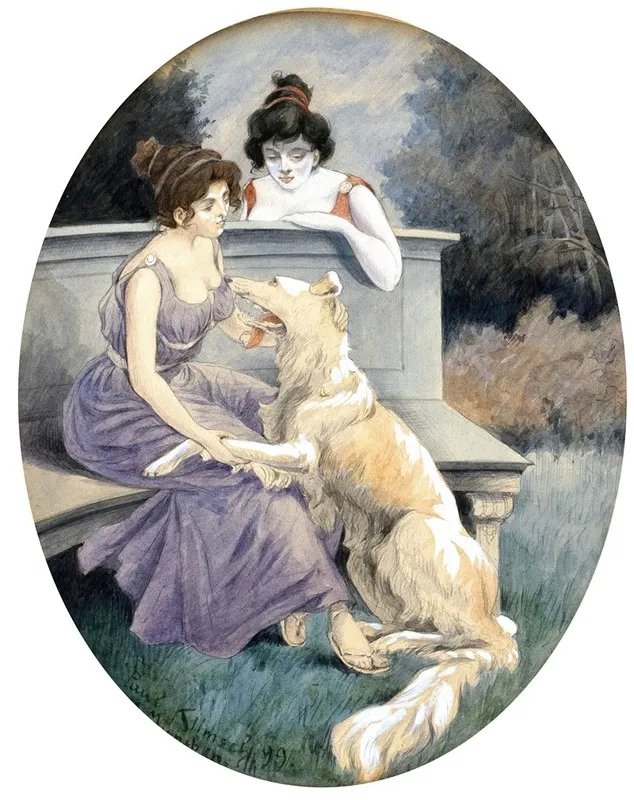Zwei Damen Mit Windhund Auf Einer Parkbank Wall Art by Paul Klimsch - High-Resolution Digital Print