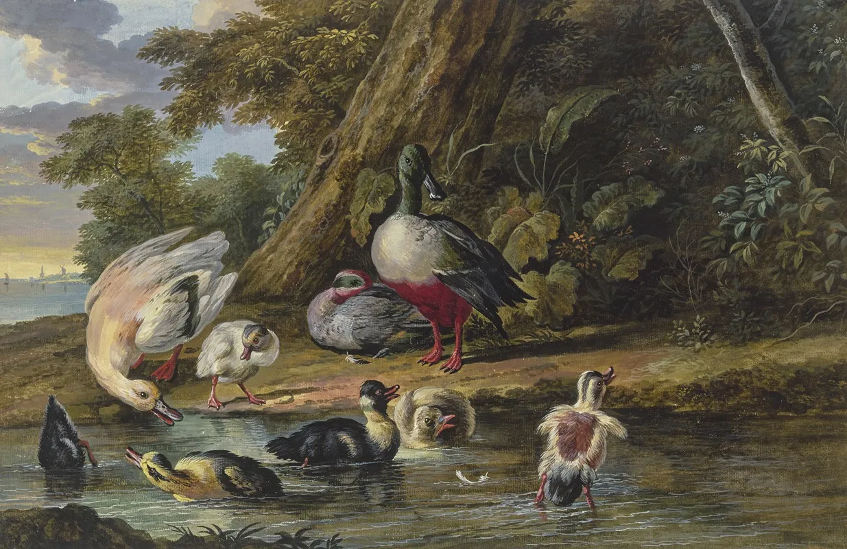 Zwei Enten Mit Ihren Jungen Am Wasser Wall Art by Dirck Dalens III - High-Resolution Digital Print