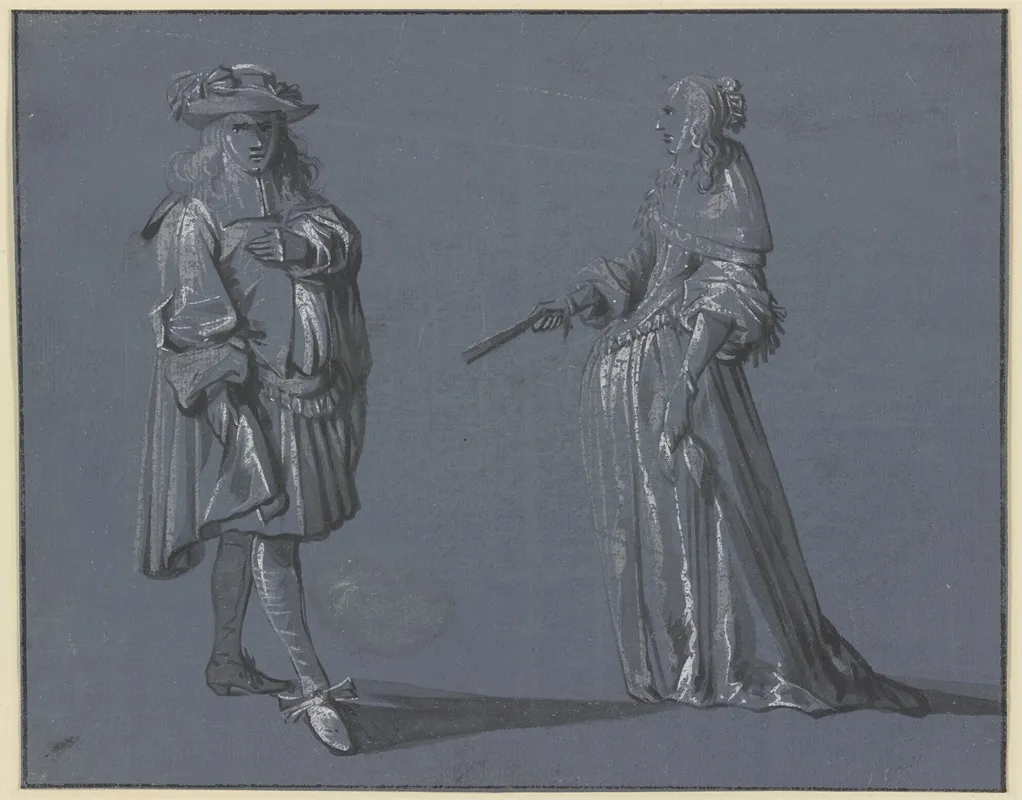 Zwei Figuren In Eleganter Tracht Links Ein Stehender Kavalier In Vorderansicht Rechts Eine Stehende Dame Im Profil Nach Links Mit Einem Facher In Der Rechten Wall Art by Jacob Weyer - High-Resolution Digital Print