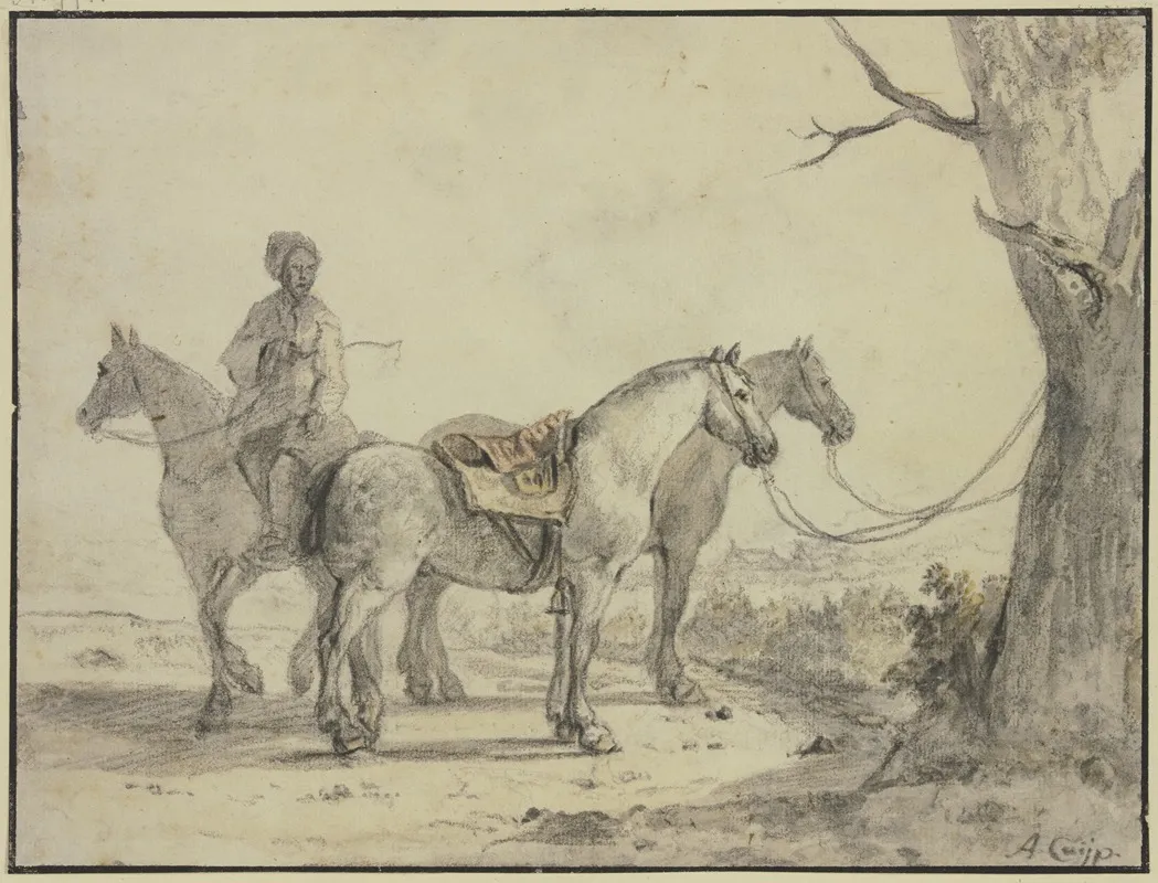 Zwei Gesattelte Pferde An Einen Baum Gebunden Dabei Ein Reiter Wall Art by Aelbert Cuyp - High-Resolution Digital Print