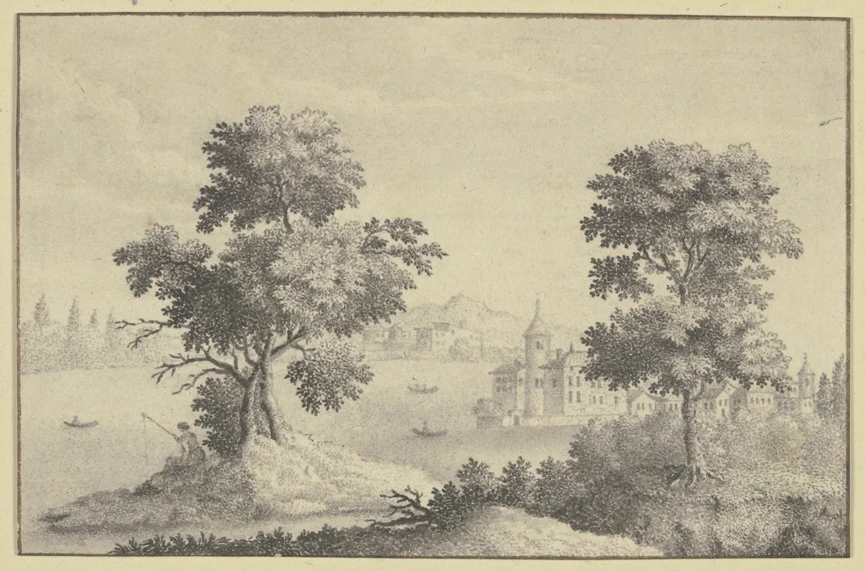 Zwei Hohe Baume Mit Durchblick Auf Ein Wasserschlos Und Ferne Berge Wall Art by Johann Rudolf Studer - High-Resolution Digital Print