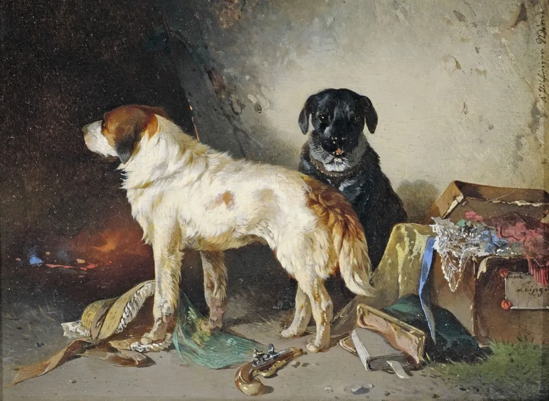 Zwei Hunde Mit Einer Kleiderkiste Wall Art by Carl Pischinger - High-Resolution Digital Print