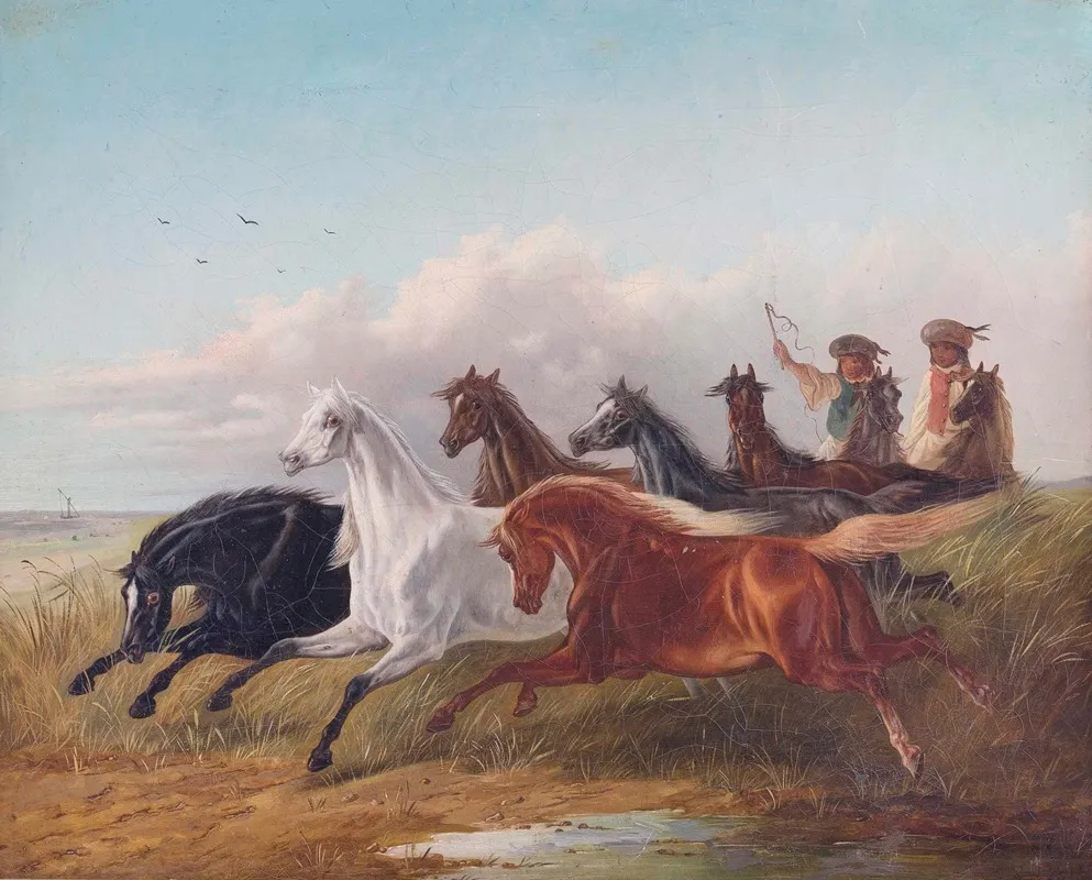 Zwei Junge Ungarische Reiter Treiben Wildpferde In Der Puszta Vor Sich Her Wall Art by Ludwig Kübler - High-Resolution Digital Print