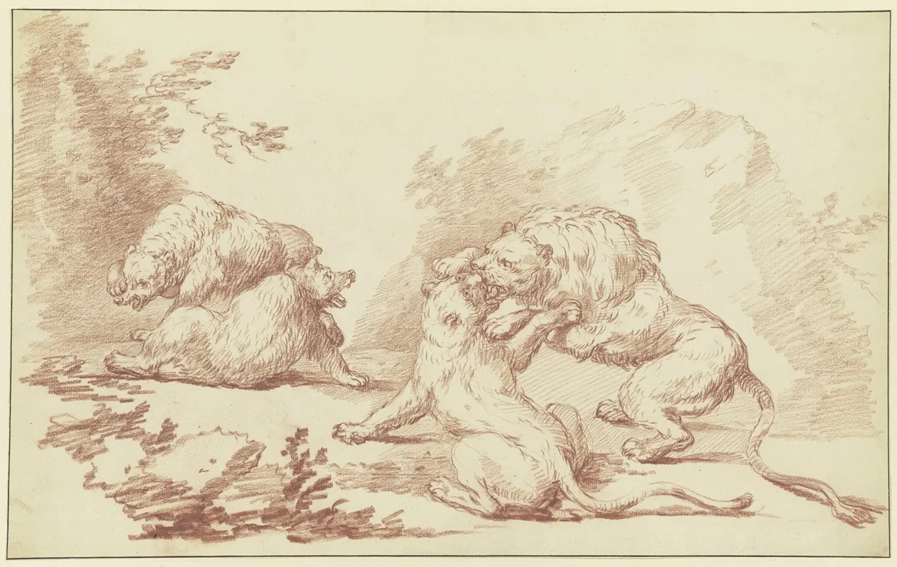 Zwei Kampfende Lowen Und Zwei Kampfende Baren Wall Art by Johann Ludwig von Pfeiff - High-Resolution Digital Print