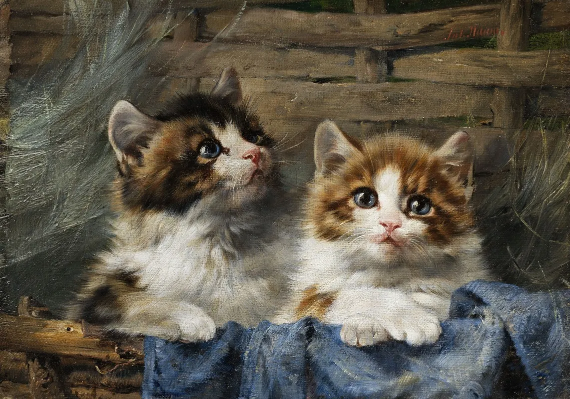 Zwei Katzchen Im Korb Mit Blauem Tuch Wall Art by Julius Adam - High-Resolution Digital Print