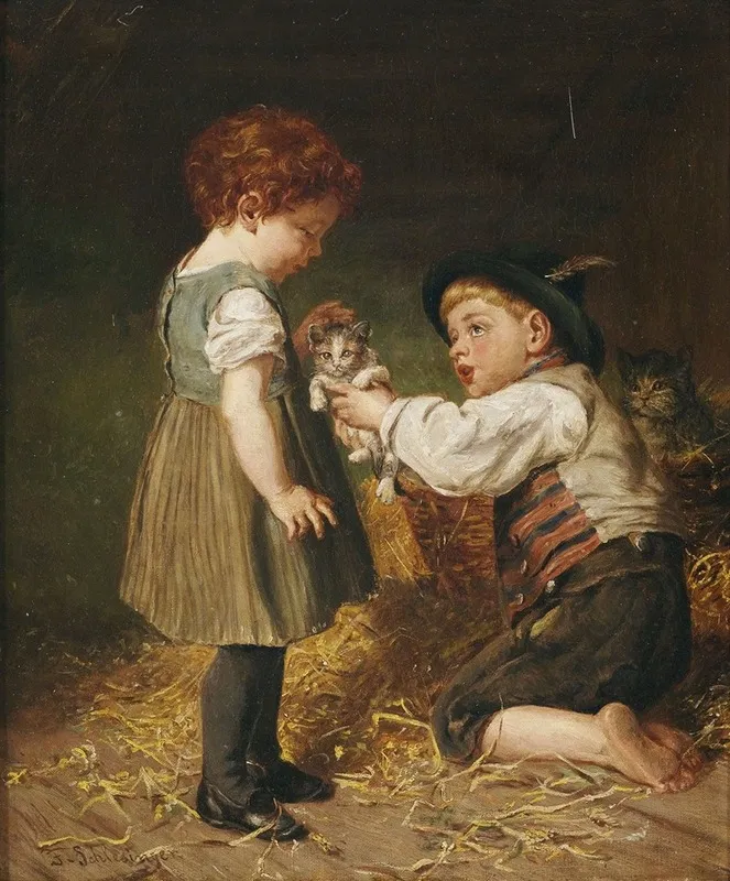 Zwei Kinder Mit Katzchen Im Stall Wall Art by Felix Schlesinger - High-Resolution Digital Print