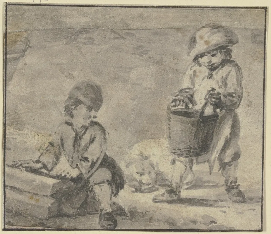 Zwei Knaben Bei Einem Hunde Der In Der Mitte Liegt 2 Wall Art by Pieter Wouwerman - High-Resolution Digital Print