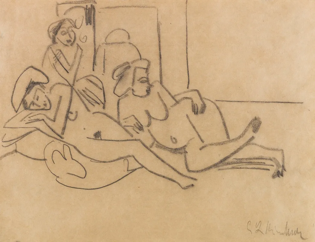 Zwei Liegende Akte Und Eine Sitzende Wall Art by Ernst Ludwig Kirchner - High-Resolution Digital Print