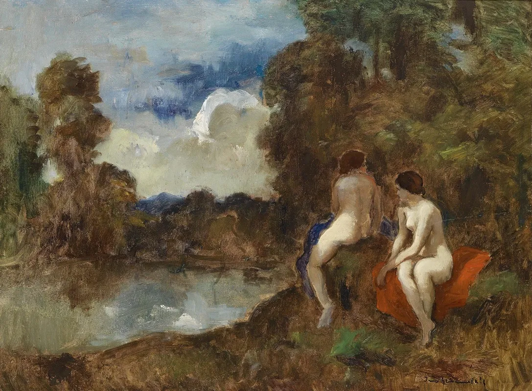 Zwei Nackte Am Teich Wall Art by Bela Ivanyi-Grünwald - High-Resolution Digital Print