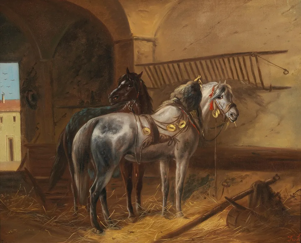 Zwei Pferde Im Stall Wall Art by Ludwig Kübler - High-Resolution Digital Print