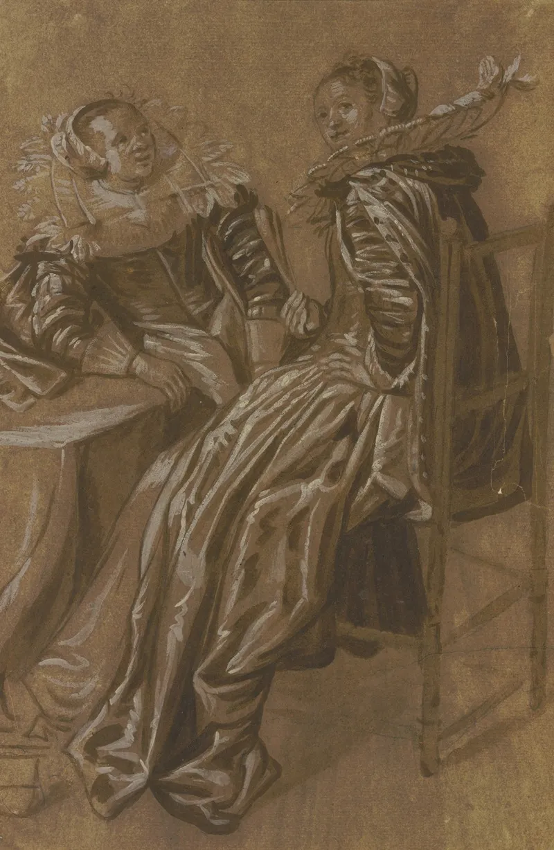 Zwei Reichgekleidete Hollandische Frauen An Einem Tisch Sitzend Die Vordere Hat Ihr Gesicht Gegen Den Beschauer Gedreht Die Weiter Zurucksitzende Blickt Auf Die Erstere Wall Art by Dirck Hals - High-Resolution Digital Print