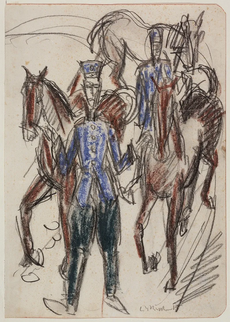 Zwei Reitende Artilleristen Mit Drei Pferden Wall Art by Ernst Ludwig Kirchner - High-Resolution Digital Print