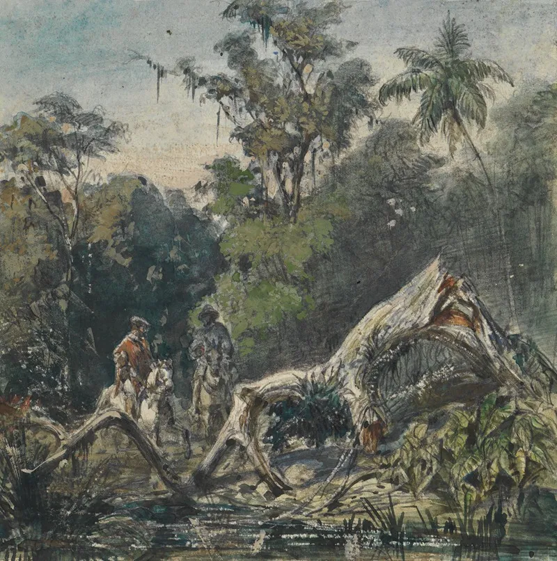 Zwei Reiter Am Flussufer Mit Einem Geborstenen Ast Wall Art by Ferdinand Keller - High-Resolution Digital Print
