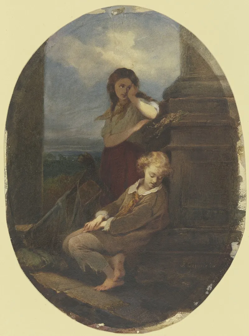 Zwei Sitzende Kinder Mit Harfe Wall Art by Georg Cornicelius - High-Resolution Digital Print