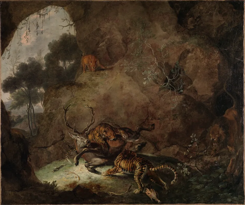 Zwei Tiger Einen Hirsch Reisend Wall Art by Carl Borromäus Andreas Ruthart - High-Resolution Digital Print