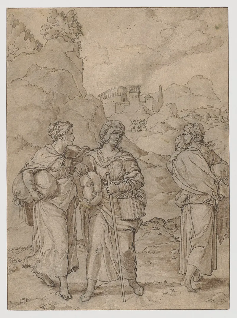 Zwei Wandernde Frauen Mit Gepack Begegnen Einer Dritten Auf Dem Wege Wall Art by Jan Swart van Groningen - High-Resolution Digital Print
