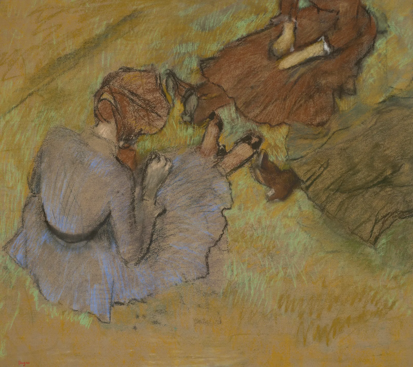 Femmes Assises Sur Lherbe Wall Art by Edgar Degas - Canvas Print