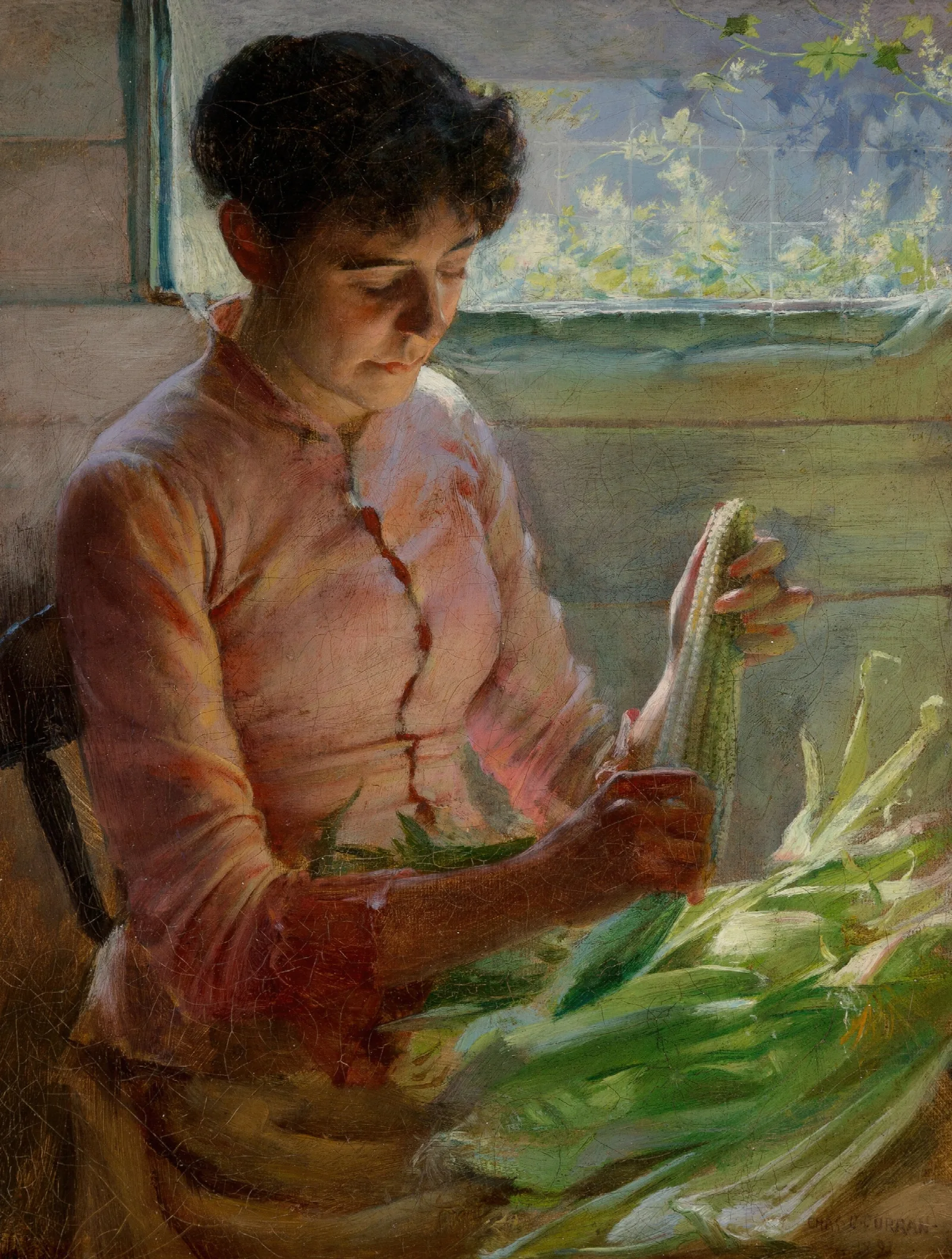 Shucking Corn Wall Art by Charles Courtney Curran - Canvas Print