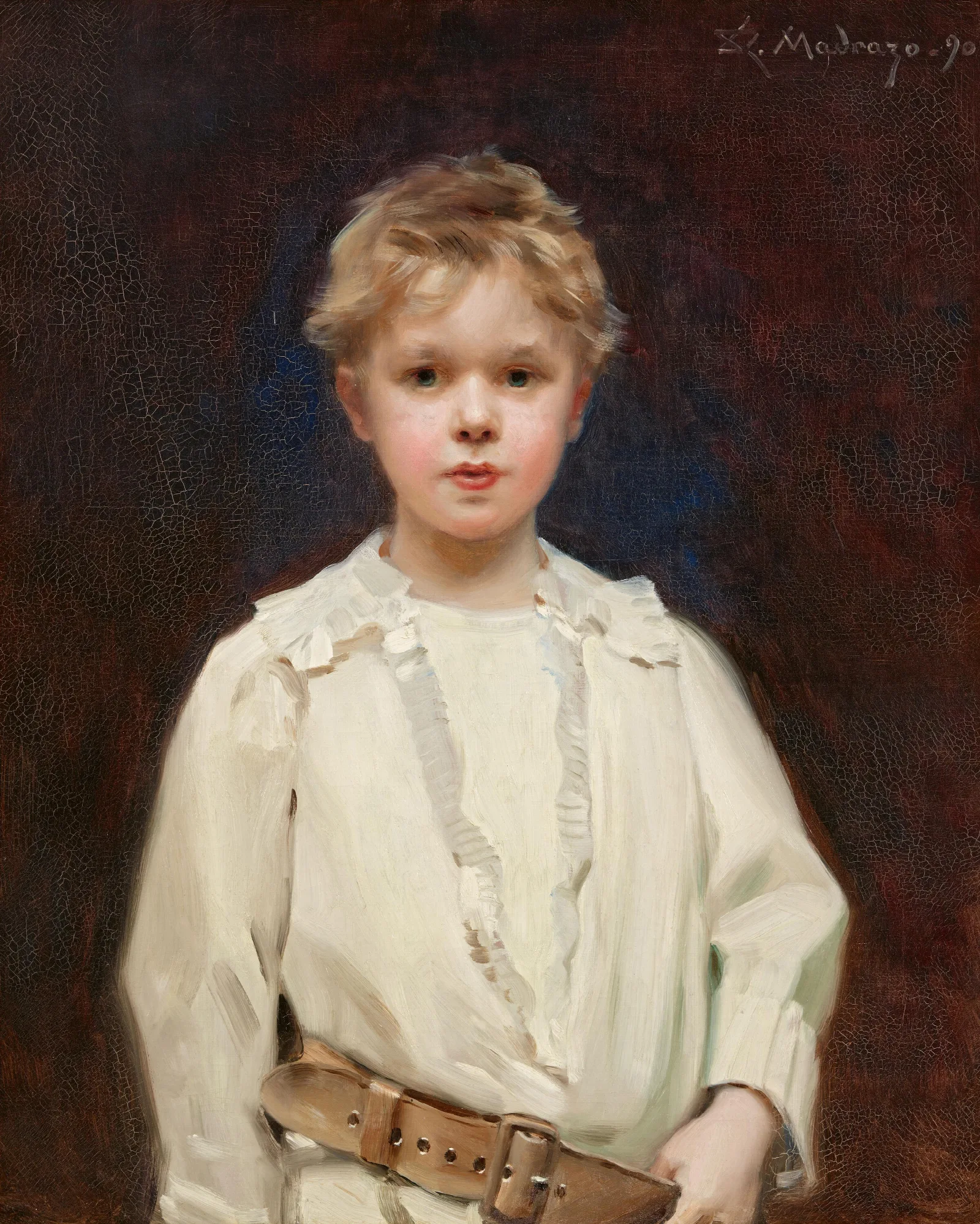 Portrait Of A Boy With A White Shirt And Brown Leather Belt Wall Art by Raimundo de Madrazo y Garreta - Canvas Print