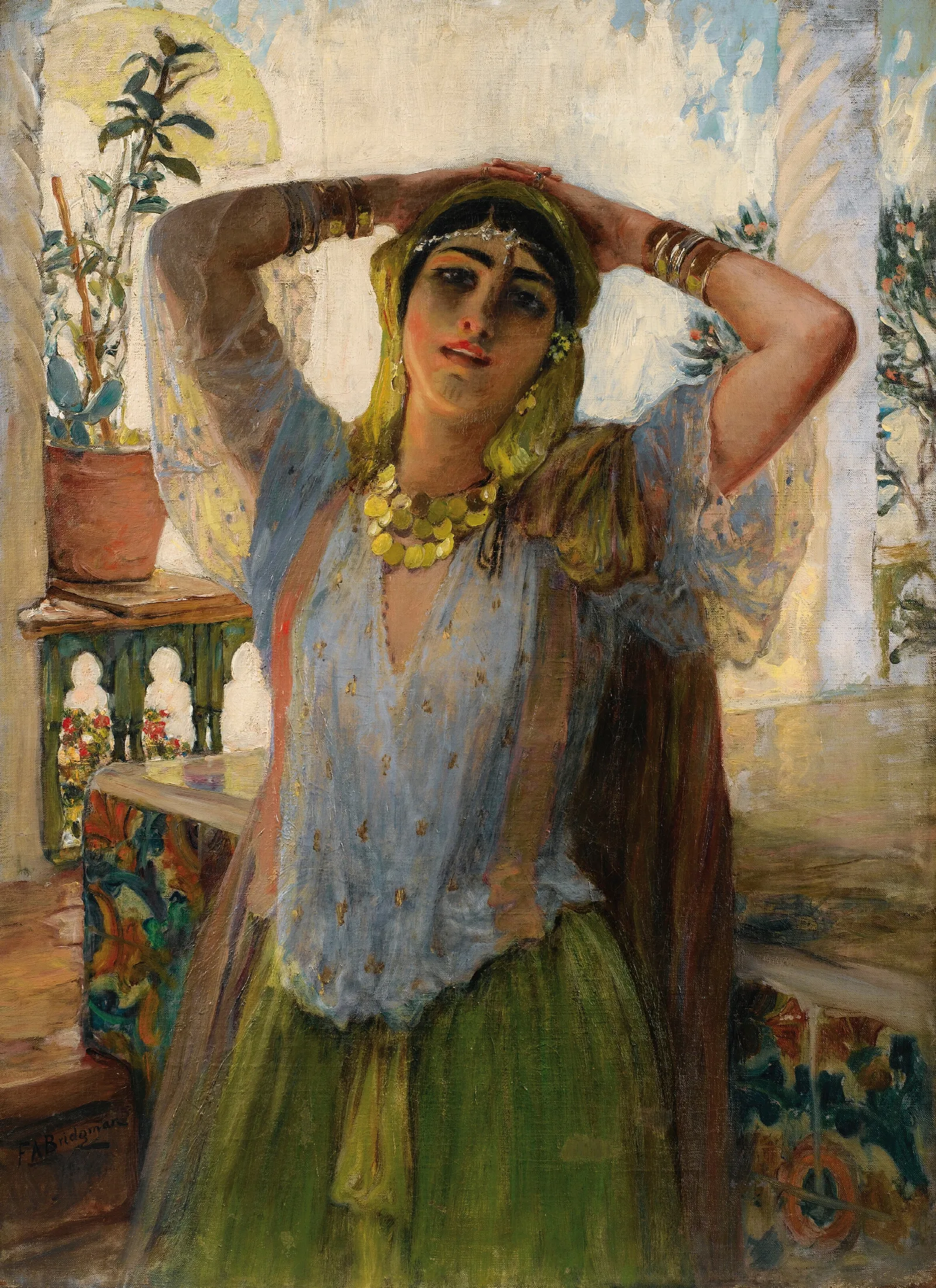 Young Oriental Woman On A Terrace Wall Art by Frederick Arthur Bridgman - Canvas Print