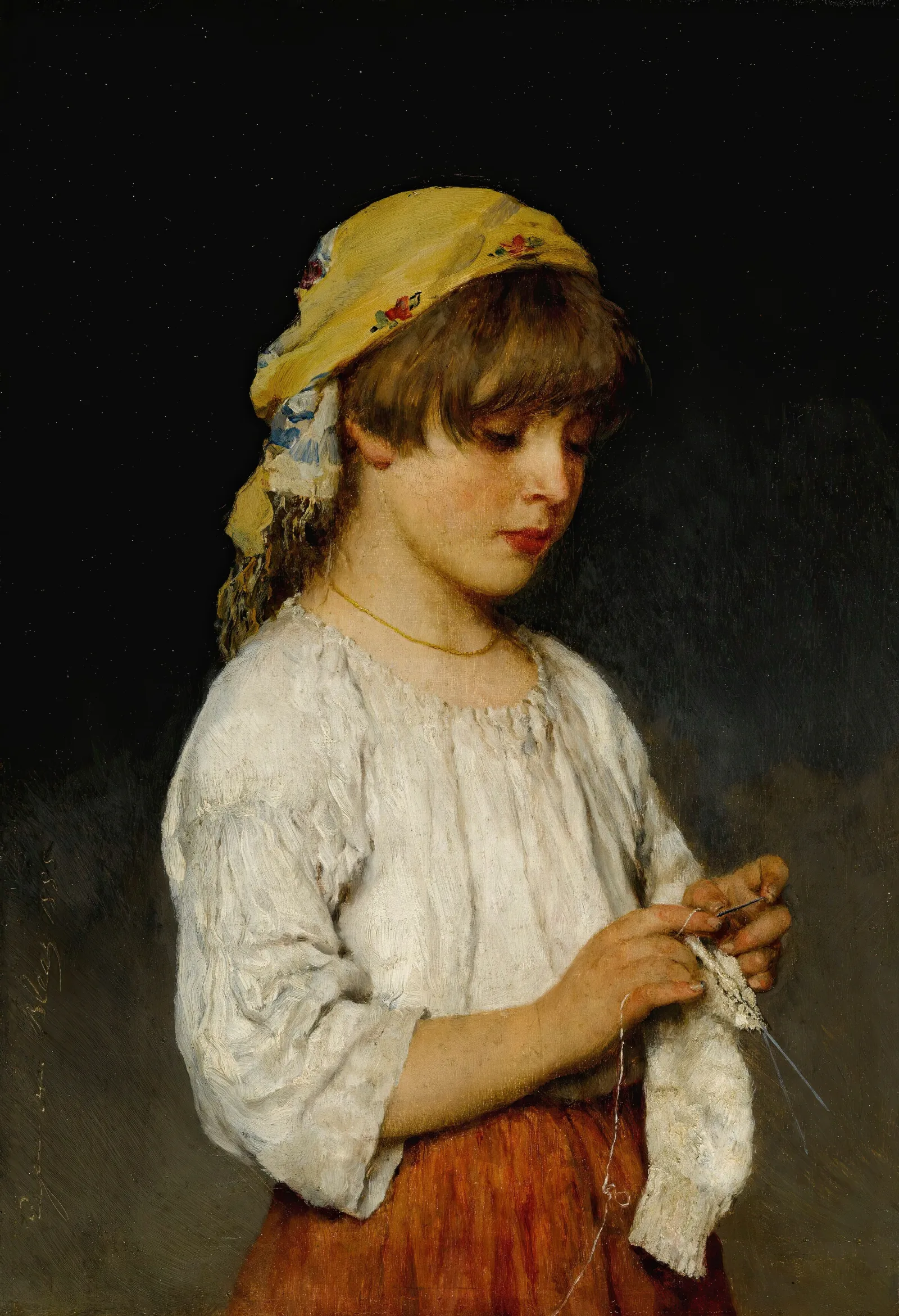 Knitting Girl With Headscarf 2 Wall Art by Eugen von Blaas - Canvas Print