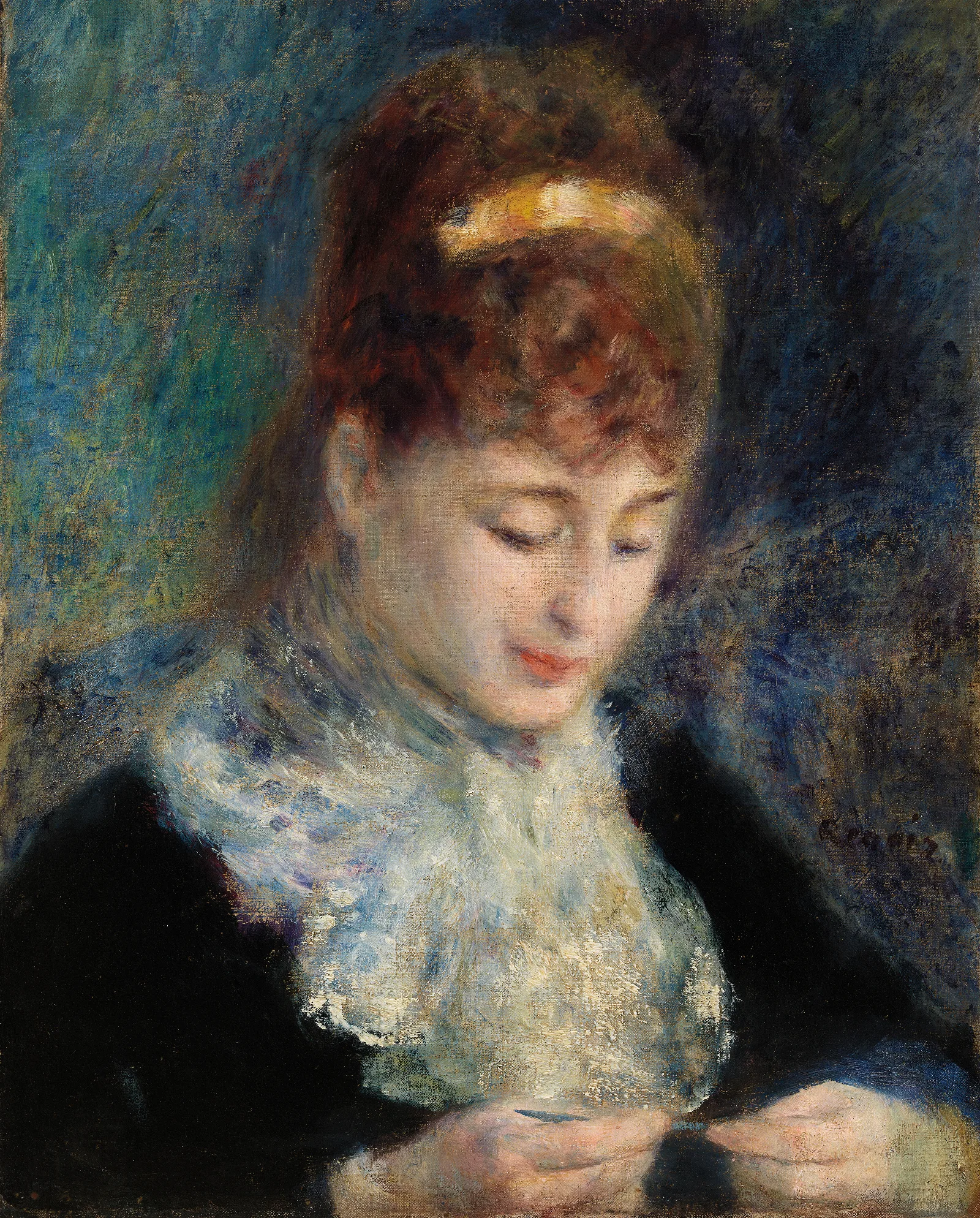 Woman Crocheting Femme Faisant Du Crochet Wall Art by Pierre-Auguste Renoir - Canvas Print