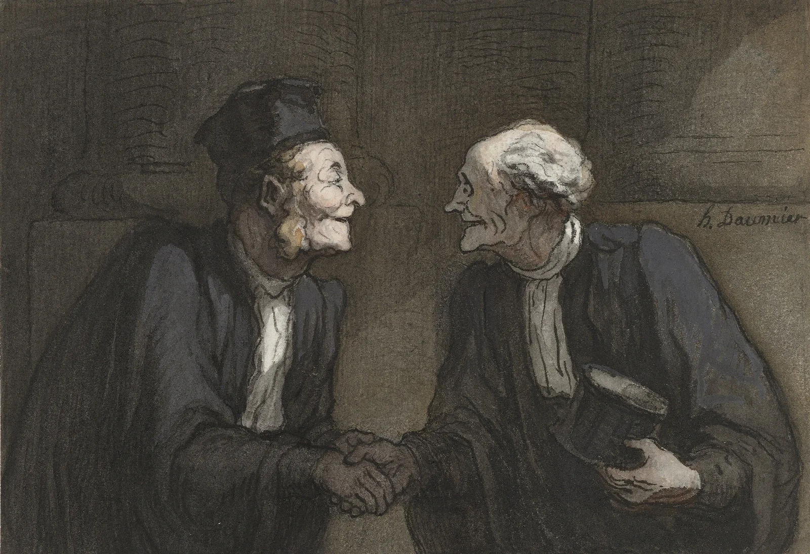 Deux Avocats La Poignee De Main Wall Art by Honoré Daumier - Canvas Print