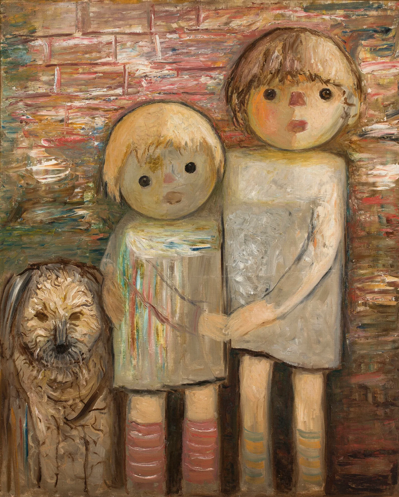 Two Children With A Dog Wall Art by Tadeusz Makowski - Canvas Print