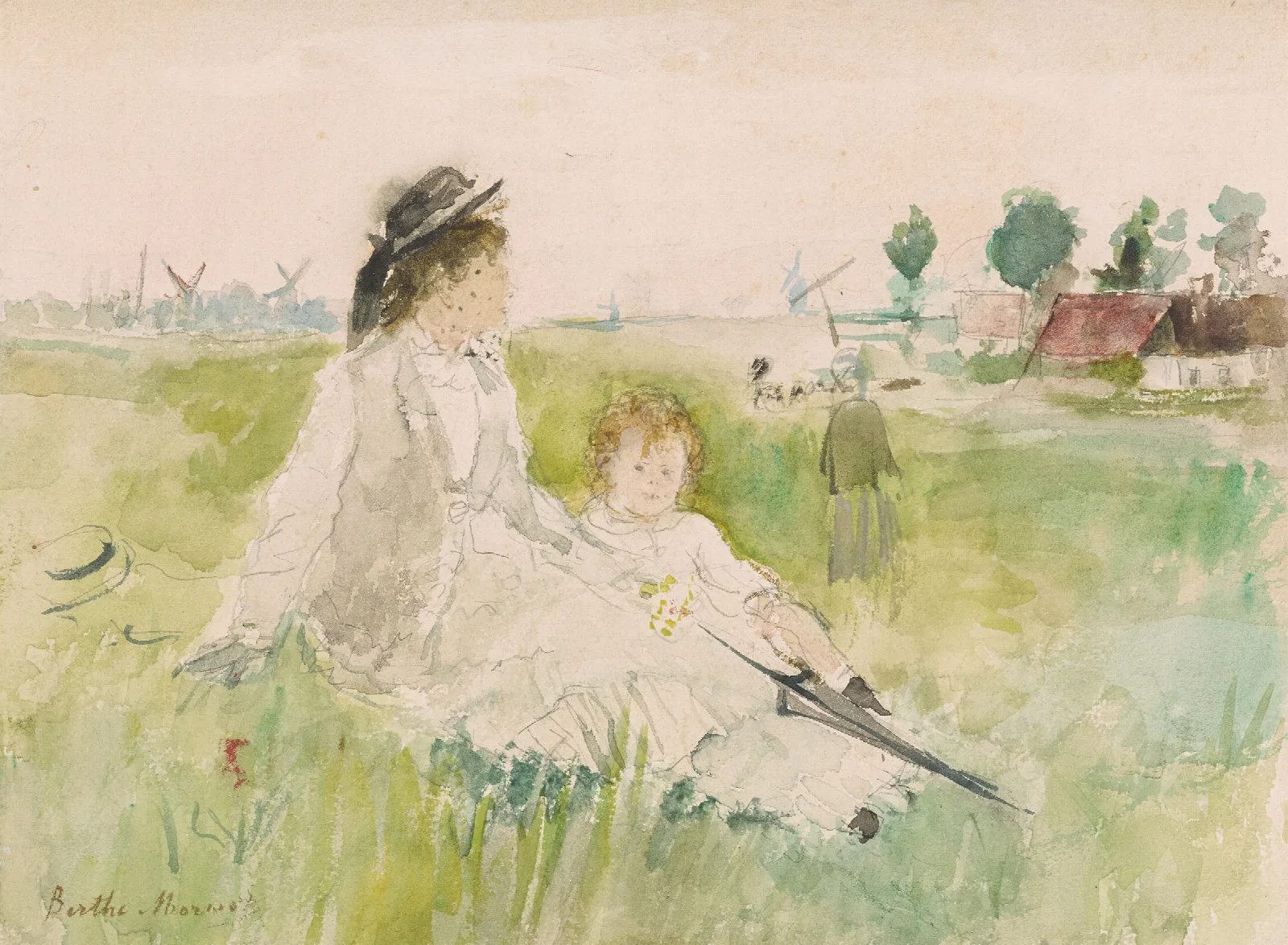 A Woman And Child Seated On The Grass Wall Art by Berthe Morisot - Canvas Print
