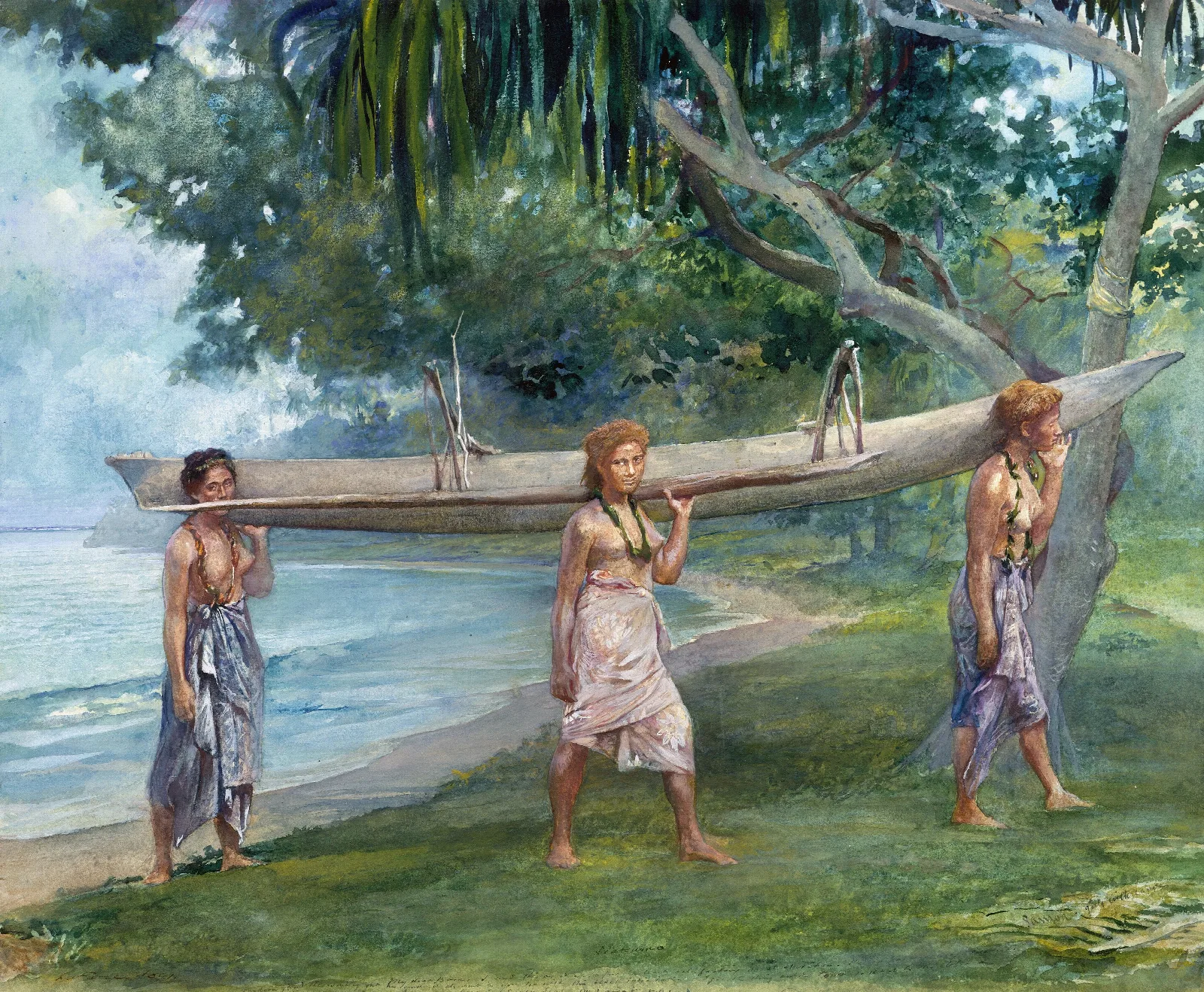 Girls Carrying A Canoe Vaiala In Samoa Wall Art by John La Farge - Canvas Print
