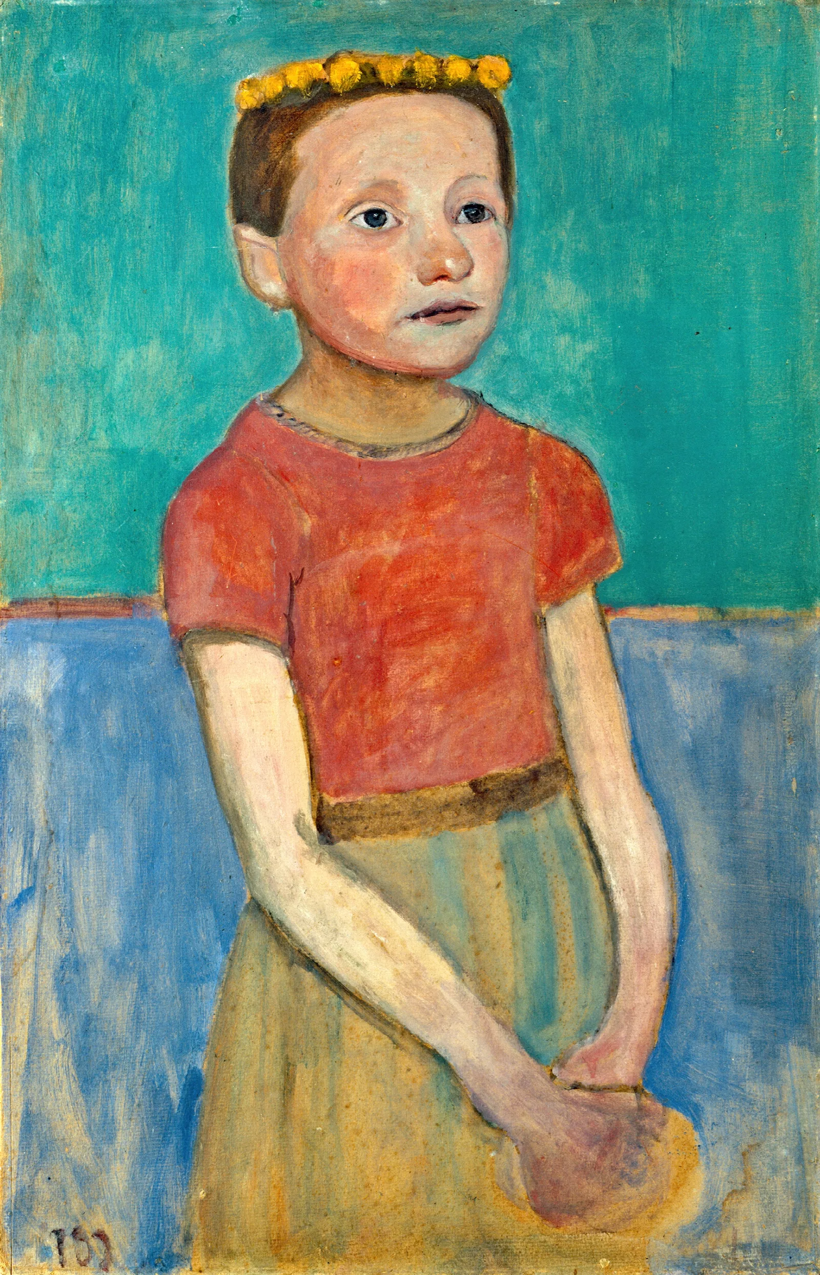 Half Figure Of A Girl With A Yellow Wreath In Her Hair Wall Art by Paula Modersohn-Becker - Canvas Print