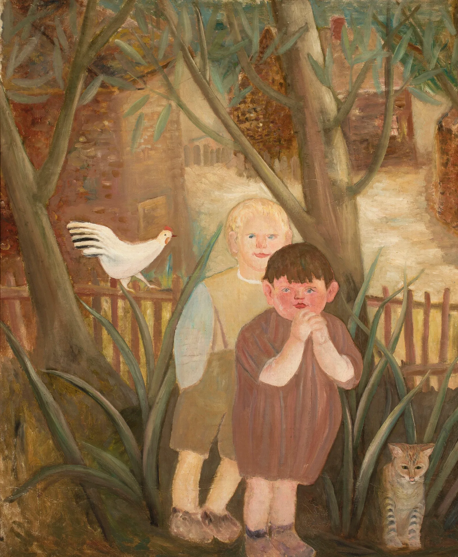Two Children With A Cat Wall Art by Tadeusz Makowski - Canvas Print