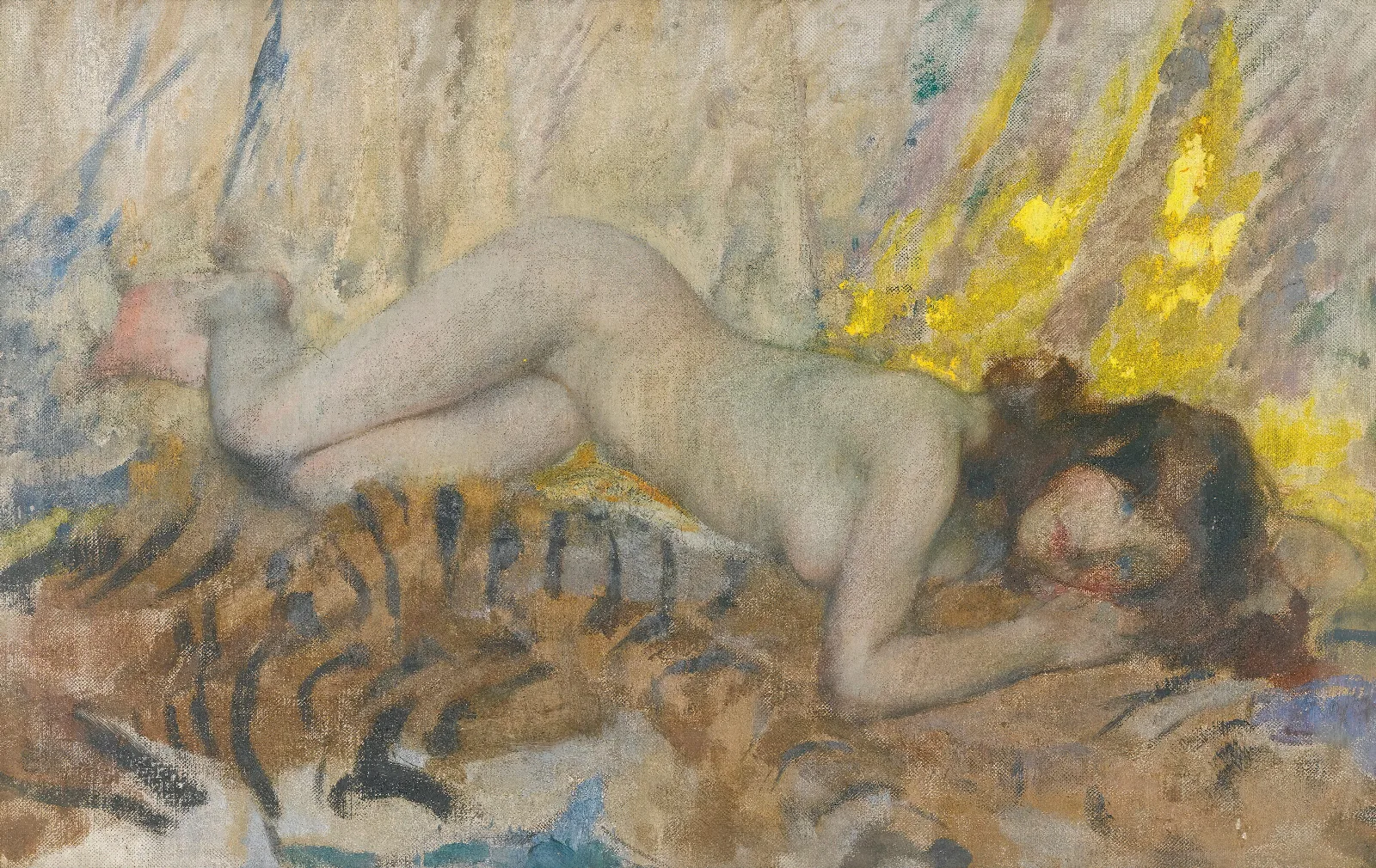 Nude On A Tiger Skin Wall Art by James Jebusa Shannon - Canvas Print