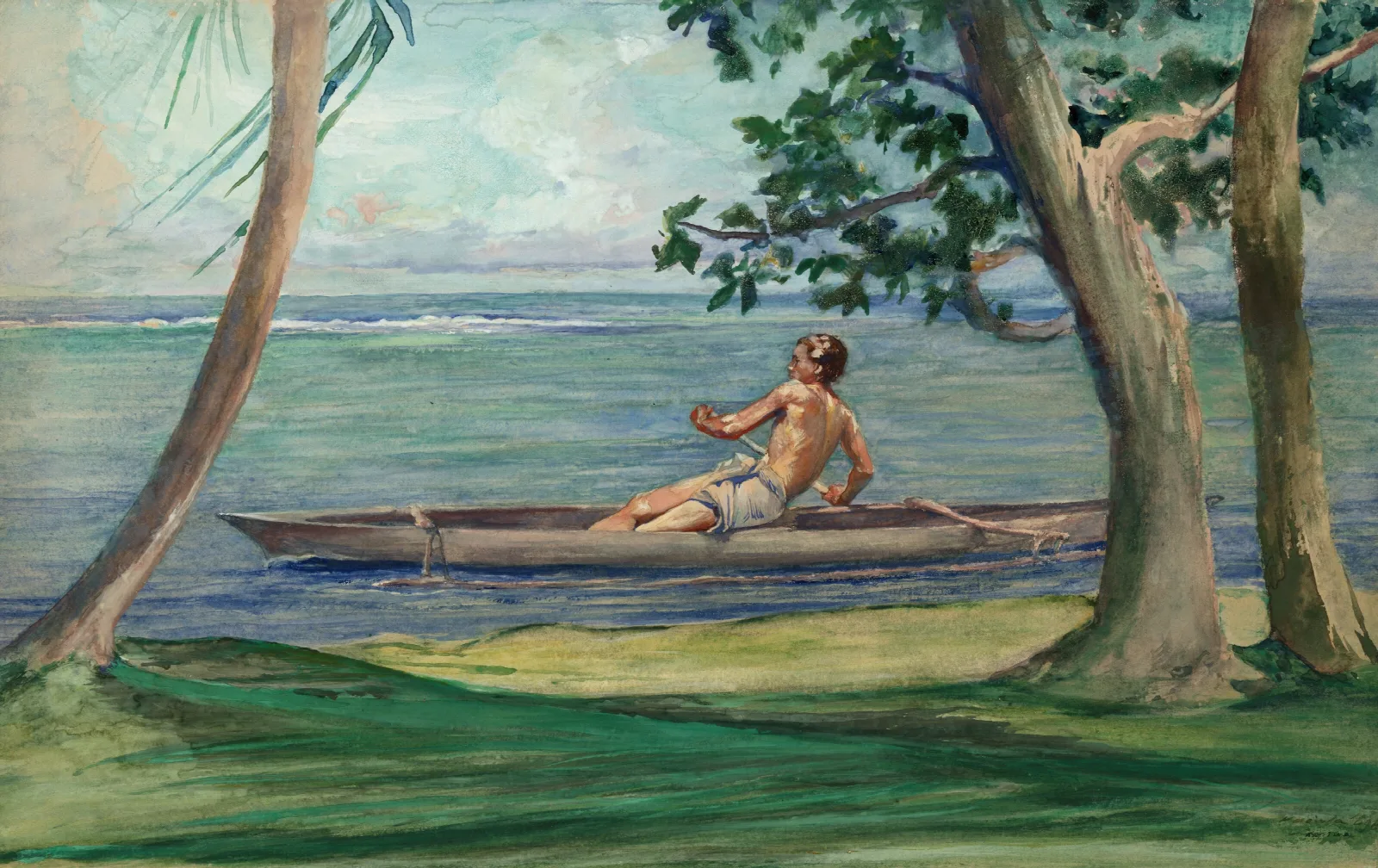 Boy In Canoe Passing In Front Of Our House Vaiala Samoa Wall Art by John La Farge - Canvas Print