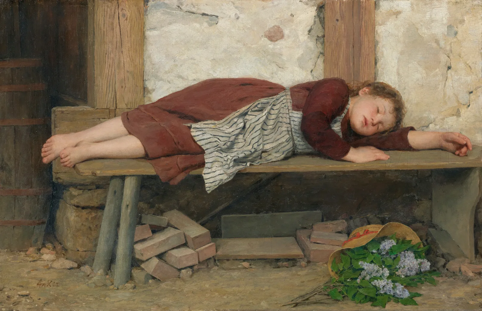 Sleeping Girl On A Wooden Bench Wall Art by Albert Anker - Canvas Print