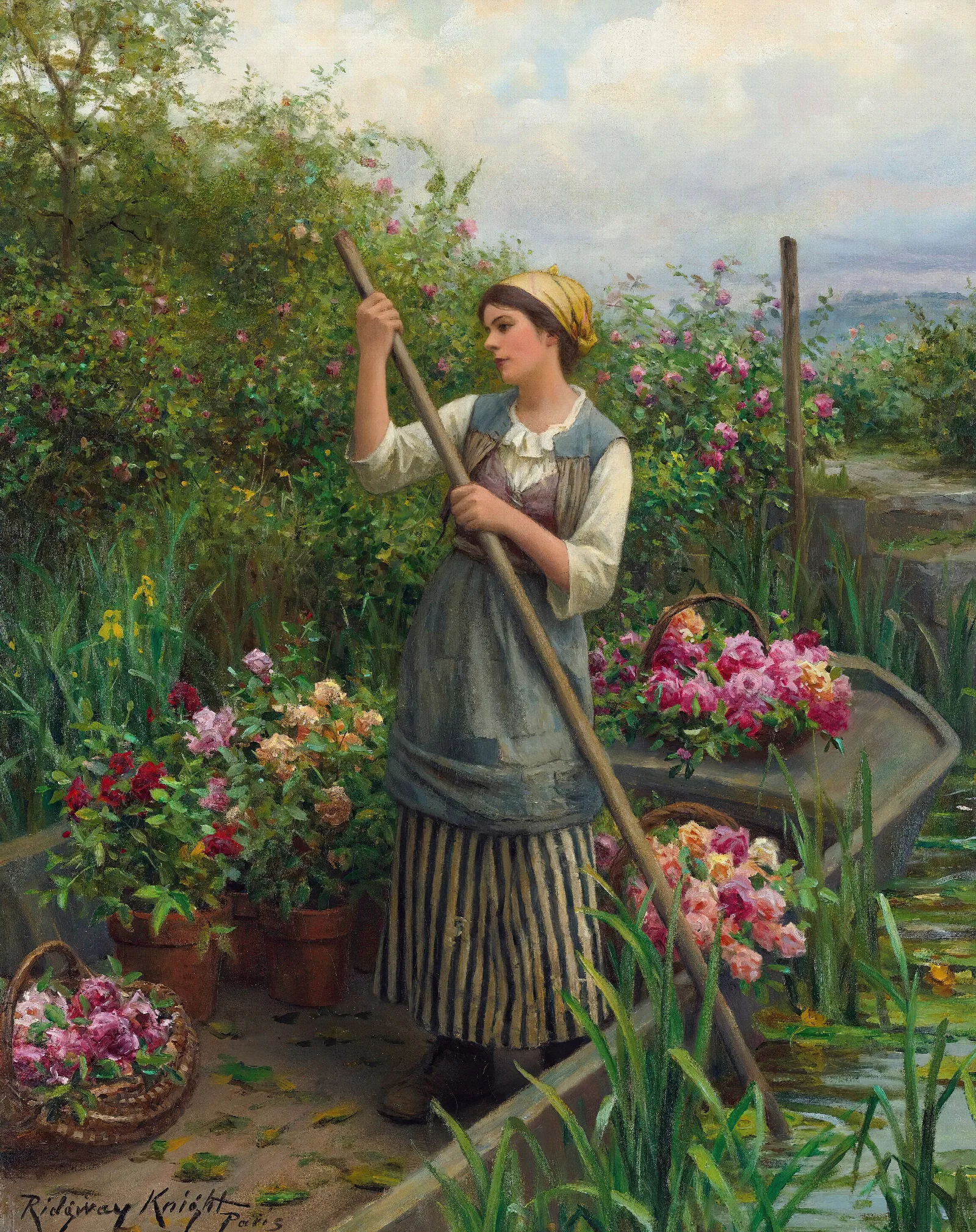 Gathering Flowers Along The River Wall Art by Daniel Ridgway Knight - Canvas Print