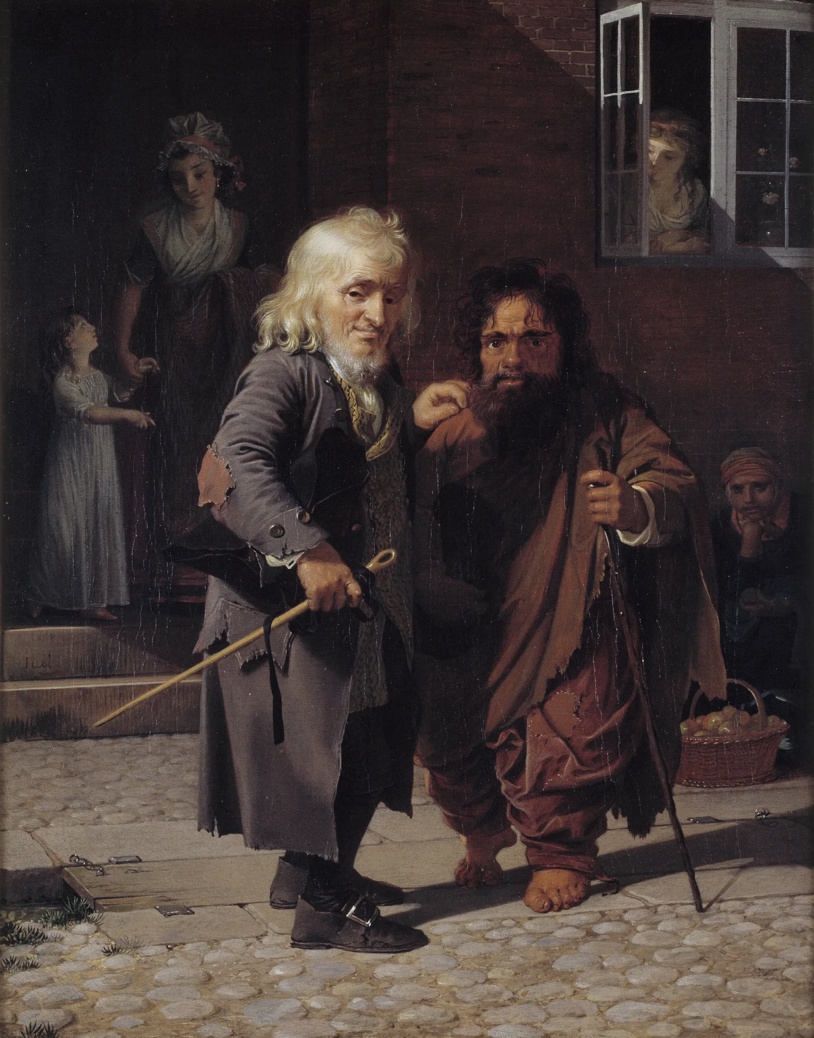 Two Dwarfs Obligeert A Jewish Pigtail Ribbon Vendor Beside The Roman Dwarf Bajocco In One Of The Streets Of Copenhagen Wall Art by Jens Juel - Canvas Print
