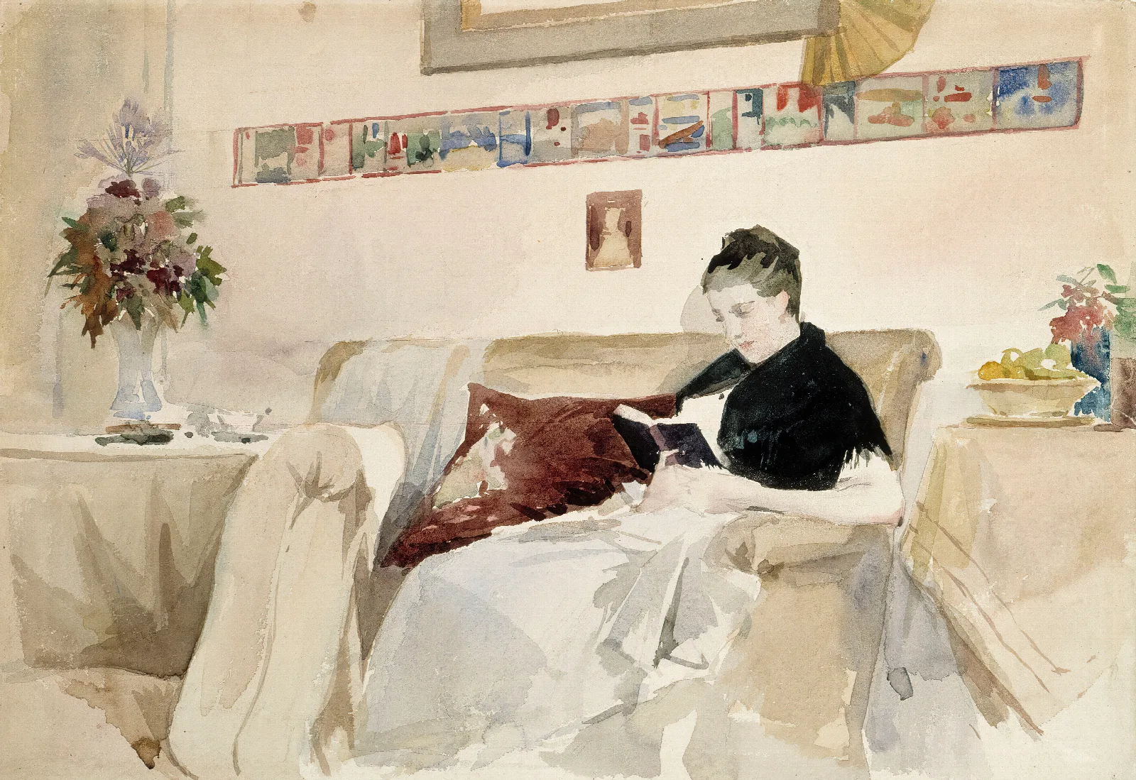 Artists Wife Reading On The Sofa Wall Art by Albert Edelfelt - Canvas Print