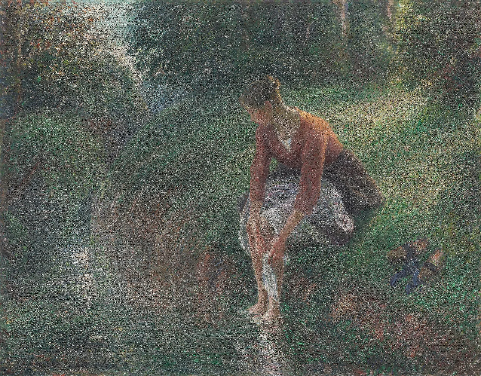 Woman Bathing Her Feet In A Brook Wall Art by Camille Pissarro - Canvas Print
