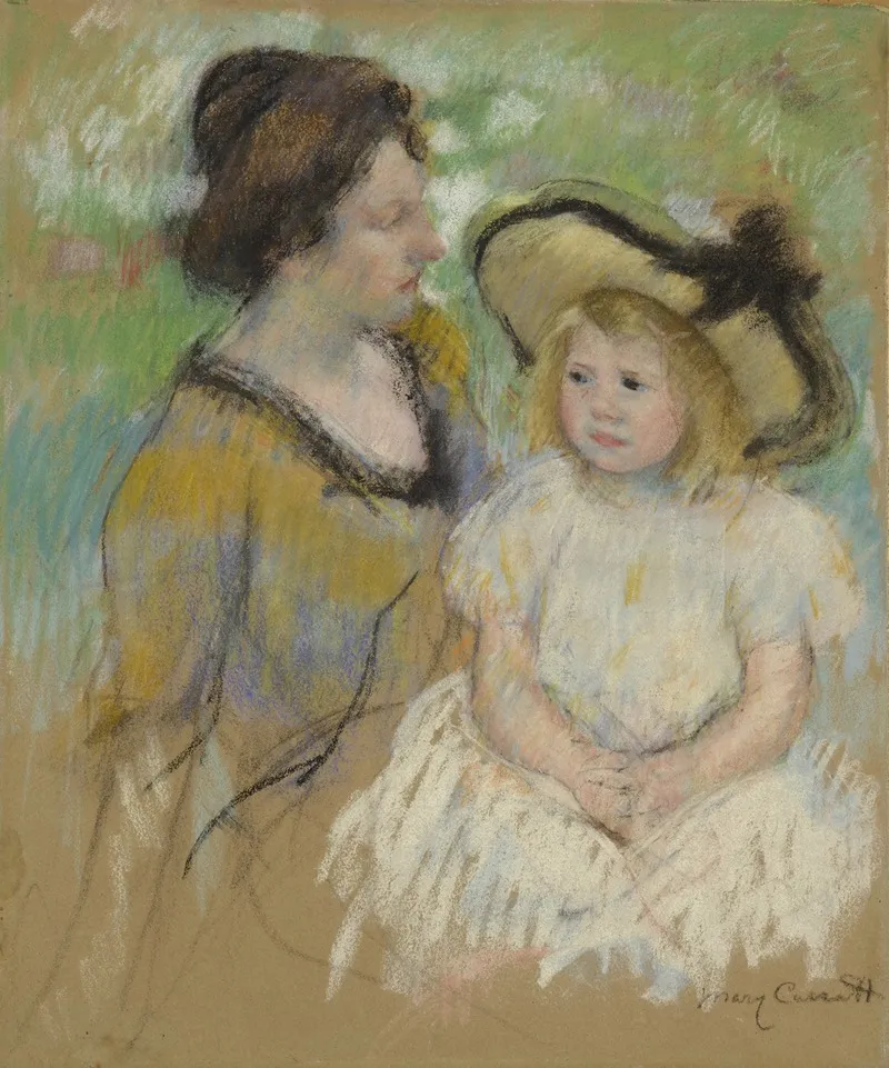 Simone Seated On The Grass Next To Her Mother Wall Art by Mary Cassatt - Canvas Print