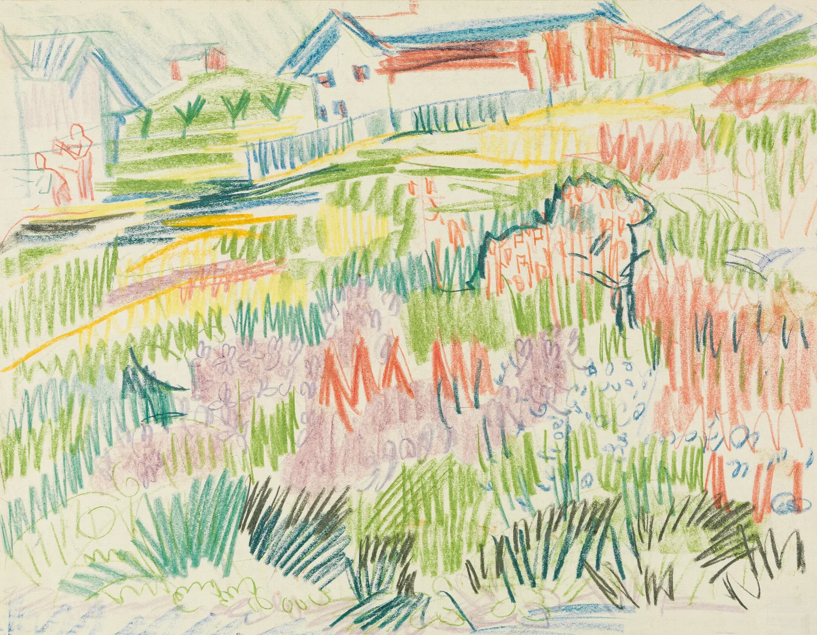 Blumenwiese Mit Hausern Wall Art by Ernst Ludwig Kirchner - Canvas Print