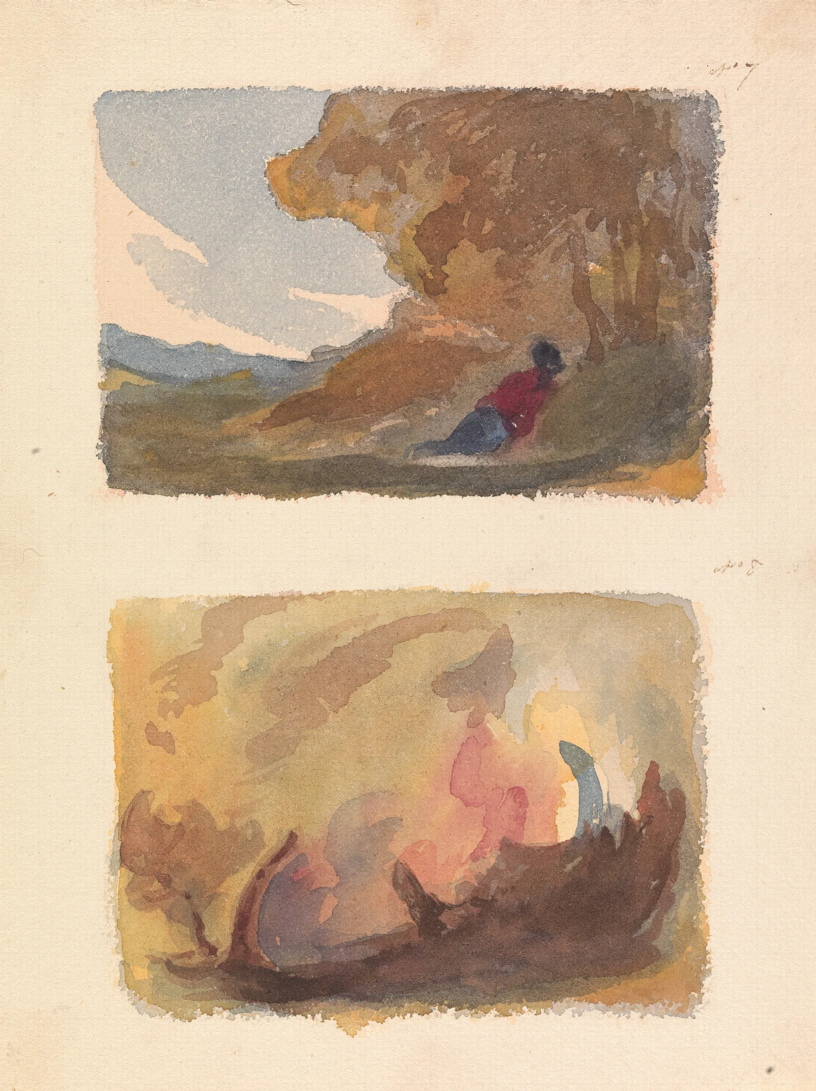 Landscape With Figure Reclining Against Hill Titian And Venetian School No 7 Landscape Variety Of Watercolor Washes Wall Art by Thomas Sully - Canvas Print