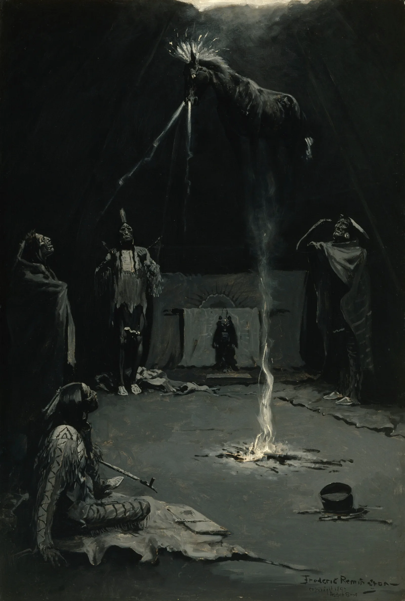 Indian Fire God The Going Of The Medicine Horse Wall Art by Frederic Remington - Canvas Print