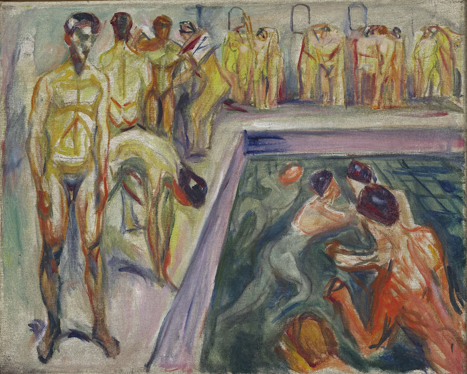 Naked Men In Swimming Pool Wall Art by Edvard Munch - Canvas Print