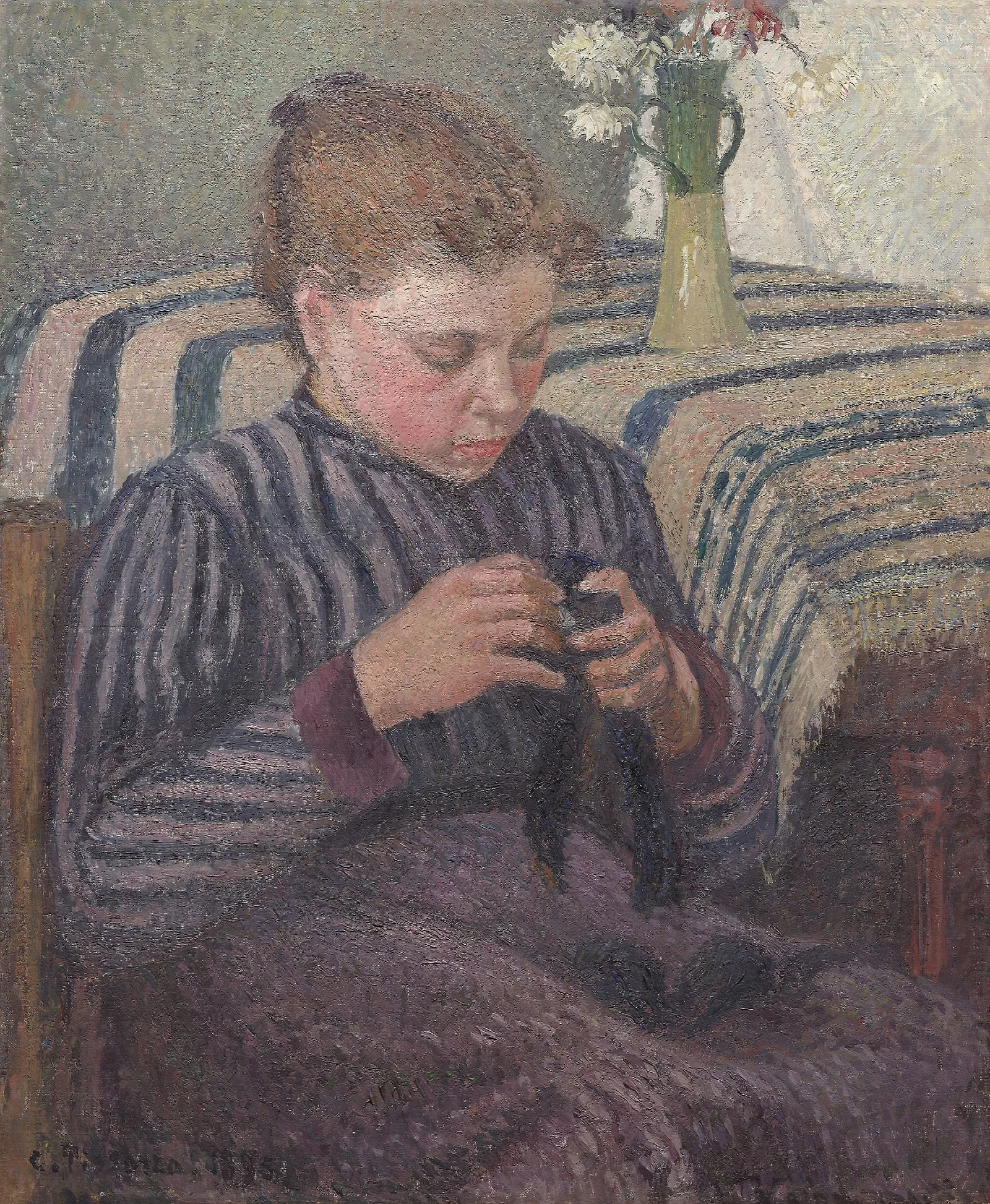 Woman Mending Wall Art by Camille Pissarro - Canvas Print